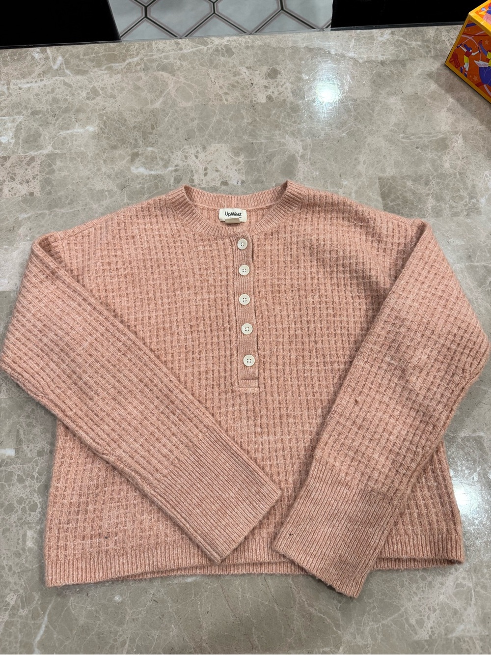 UpWest Pink Waffle Knit Henley Sweater Top Size XS Soft Cozy Crew Neck